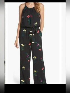 Vince Camuto Black Floral Halter Jumpsuit with Pink and Yellow Accents Sz S